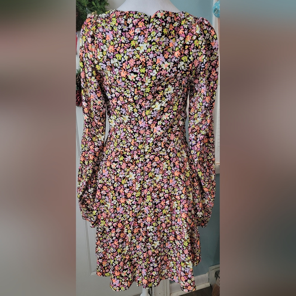 AFRM Modesto Sweetheart Long Sleeve Mini Dress Womens M Black Multi Neon Floral - Picture 5 of 16